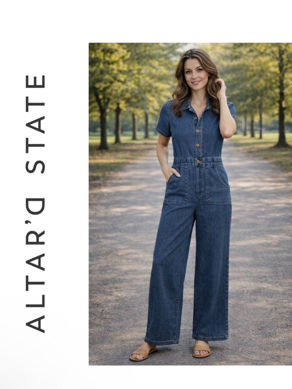 Altar'd State, Denim Jumpsuit Short Sleeve Button Front Wide Leg Medium